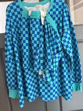 Checkerboard Long-Sleeve Pajama Set in Teal & Blue